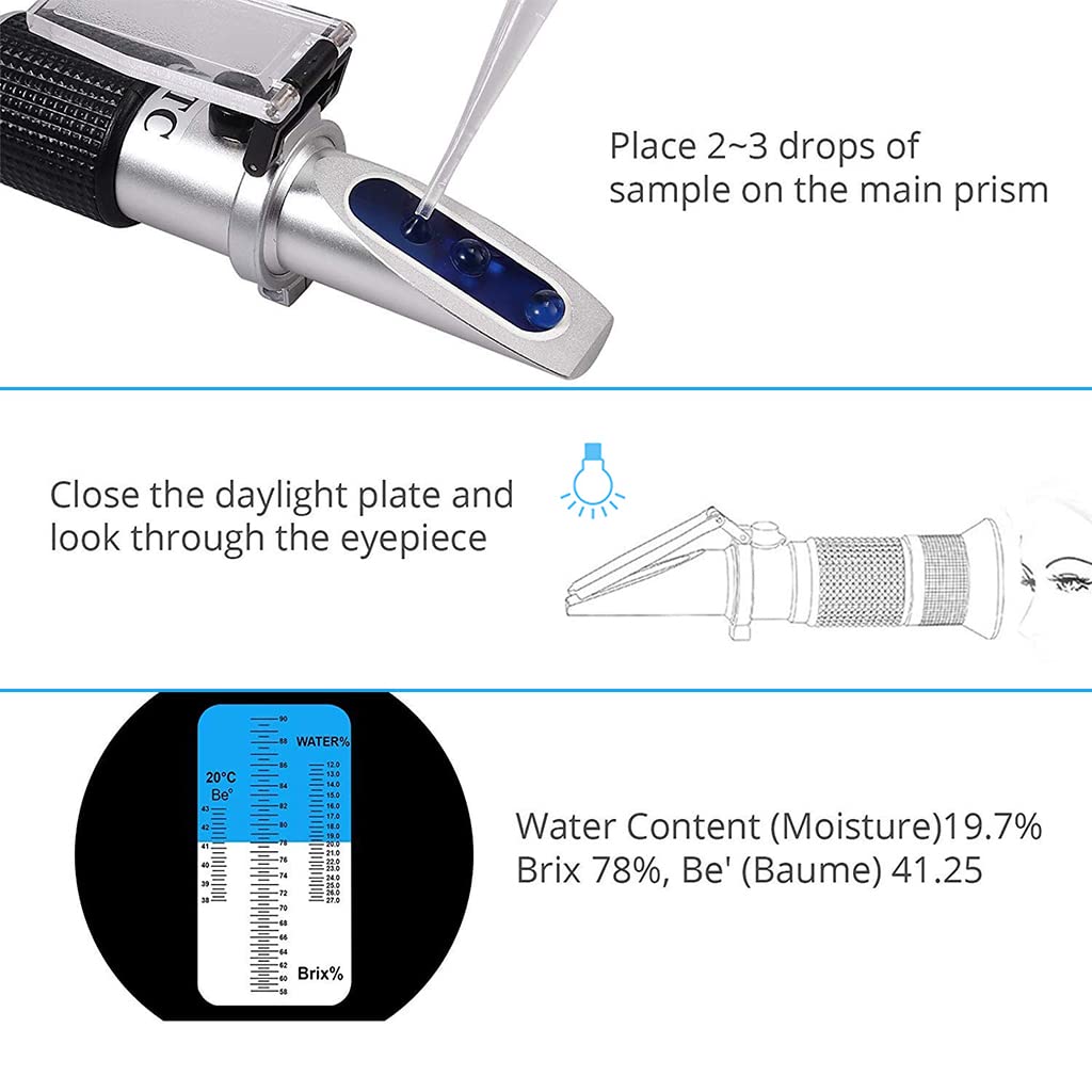 Serplex 3-in-1 Honey Refractometer for Honey Moisture, Brix and Baume, 58-90% Range, Honey Moisture Tester with ATC for Sugar Content Measurement, Ideal for Honey, Sugar Syrup, Fruit jam & Molasses Serplex 3-in-1 Honey Refractometer for Honey Moisture, Brix and Baume, 58-90% Range, Honey Moisture Tester with ATC for Sugar Content Measurement, Ideal for Honey, Sugar Syrup, Fruit jam & Molasses